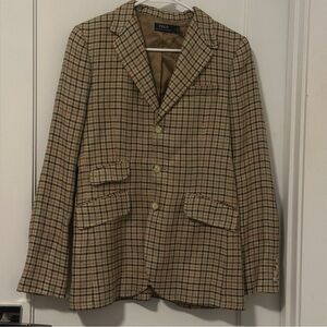 Polo Ralph Lauren Houndstooth Linen Silk Blazer Size 6 Suede Elbow Patches